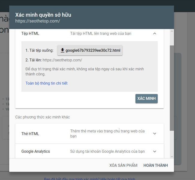 alt text: Các phương thức xác minh website trên GSC