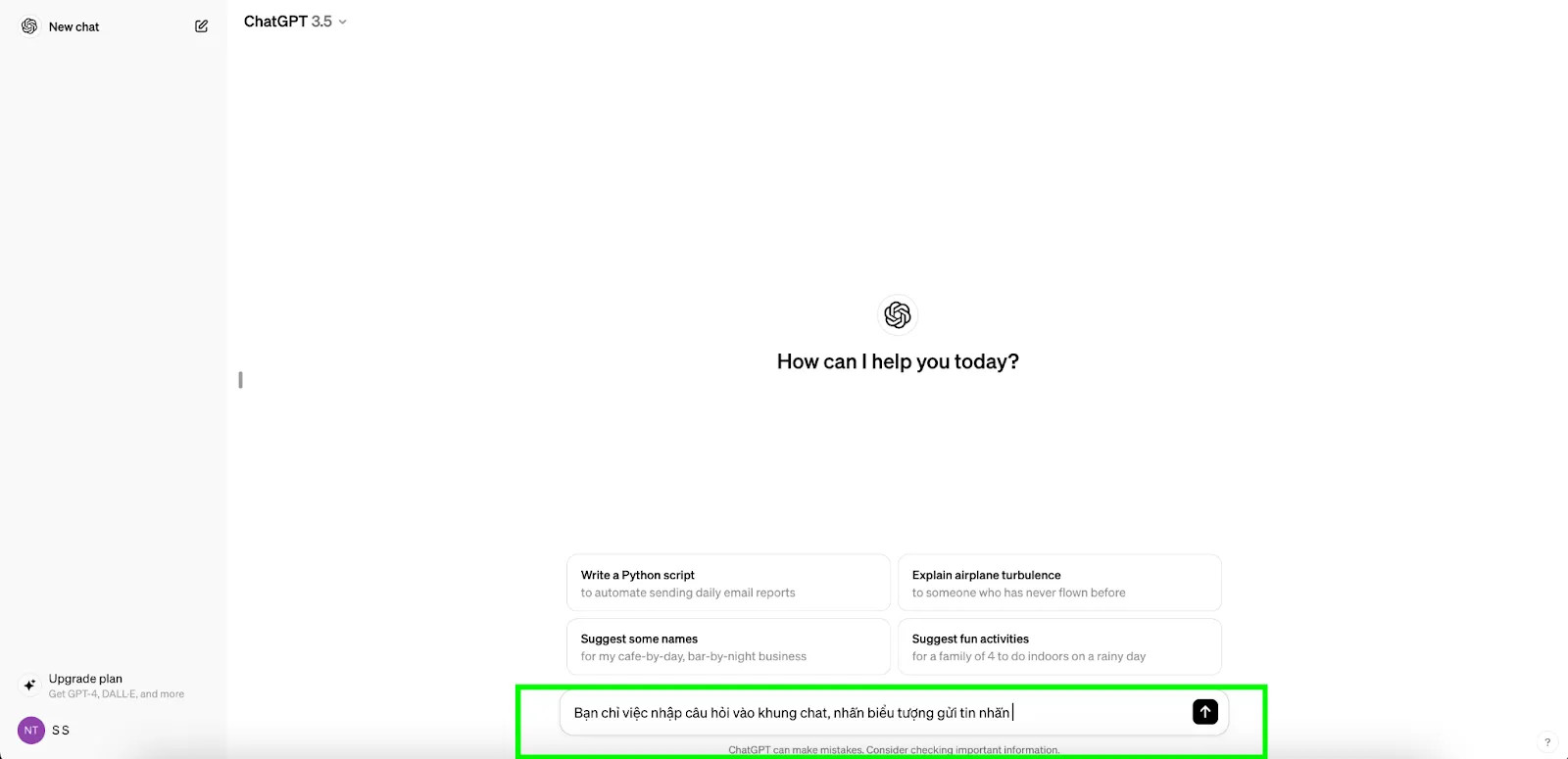Nhập câu hỏi và nhấn biểu tượng gửi tin nhắn